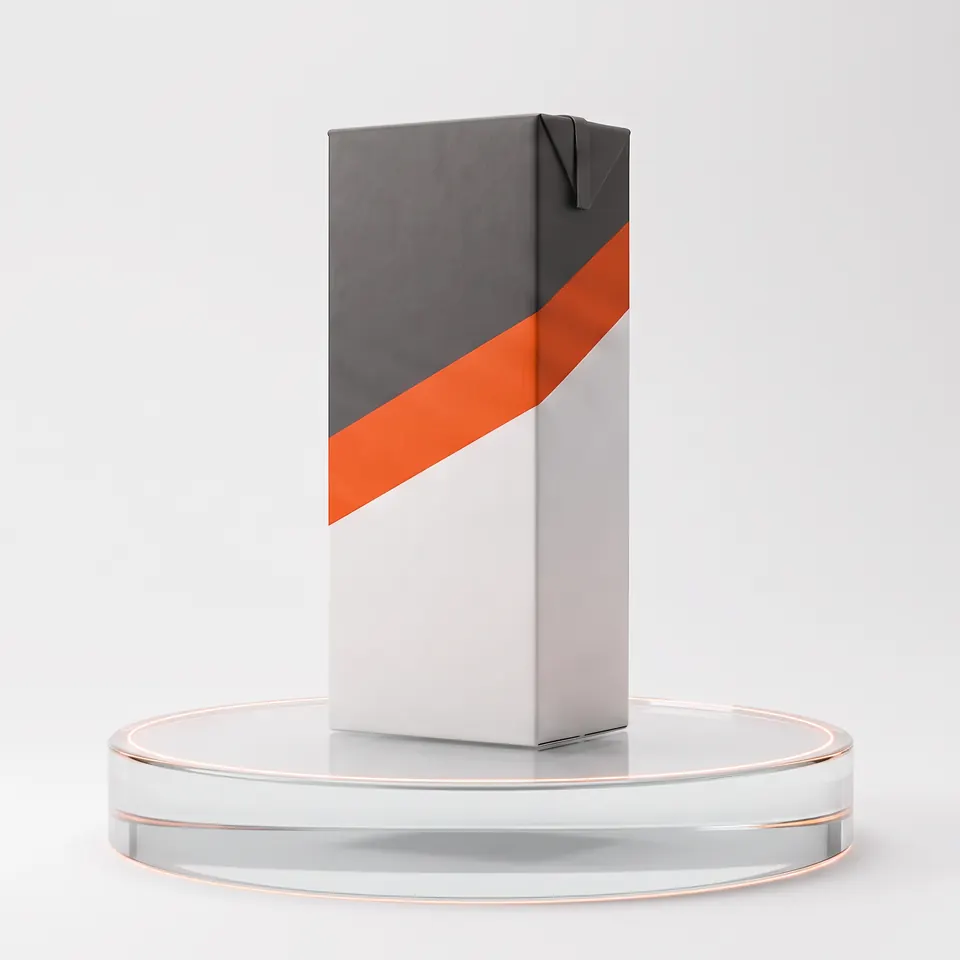 An unbranded drinks carton standing on a clear glass turntable plate in a bright studio, ready for a GS1 capture session