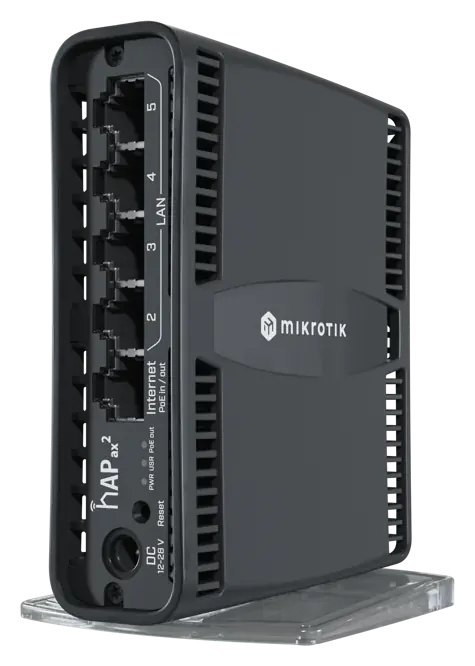 MikroTik hAP ax² desktop router, port side with five Ethernet ports and the power socket