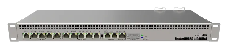 MikroTik RB1100AHx4 rack router, front view with its 13 Ethernet ports