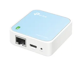 TP-Link TL-WR802N pocket-size Wi-Fi module, showing its single Ethernet port and micro USB power socket
