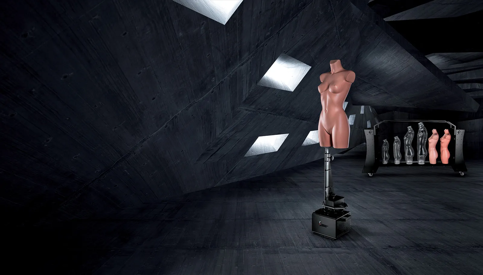 PhotoRobot CUBE i motefotoindustrien med torso-storage-cart